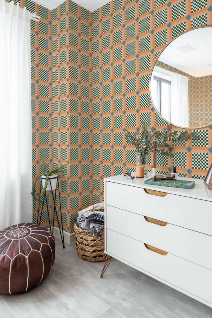 Scandinavian style bedroom decorated with Bold checkered geometry peel and stick wallpaper and Mediterranean accents