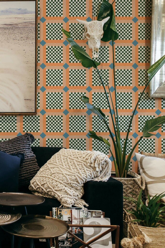 Scandinavian style living room decorated with Bold checkered geometry peel and stick wallpaper