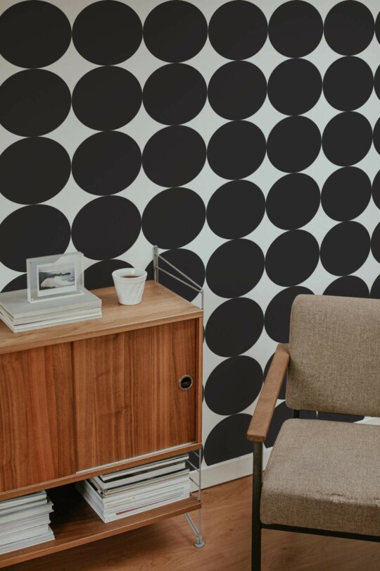 Mid-century style living room decorated with Bold circle peel and stick wallpaper
