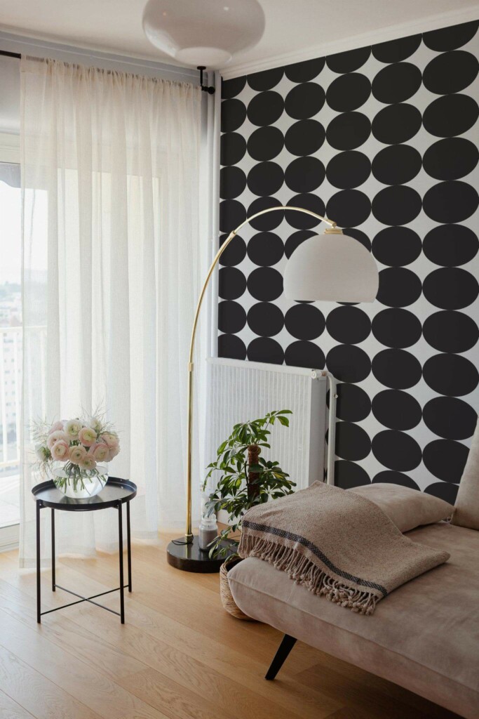 Bohemian Scandinavian style living room decorated with Bold circle peel and stick wallpaper