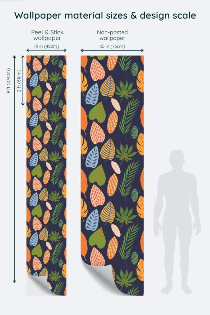 Size comparison of Bold Colorful Autumn Leaves Peel & Stick and Non-pasted wallpapers with design scale relative to human figure