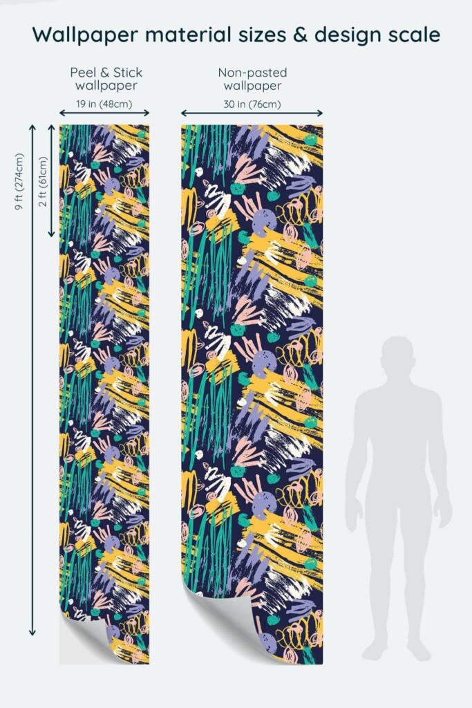 Size comparison of Bold colorful brush stroke Peel & Stick and Non-pasted wallpapers with design scale relative to human figure
