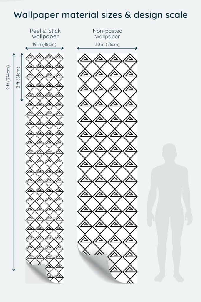 Size comparison of Bold contemporary geometric Peel & Stick and Non-pasted wallpapers with design scale relative to human figure