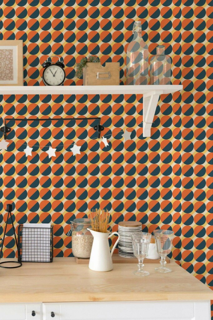 Light farmhouse style kitchen decorated with Bold diagonal peel and stick wallpaper