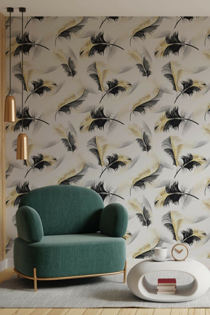 Contemporary style living room decorated with Bold feather peel and stick wallpaper