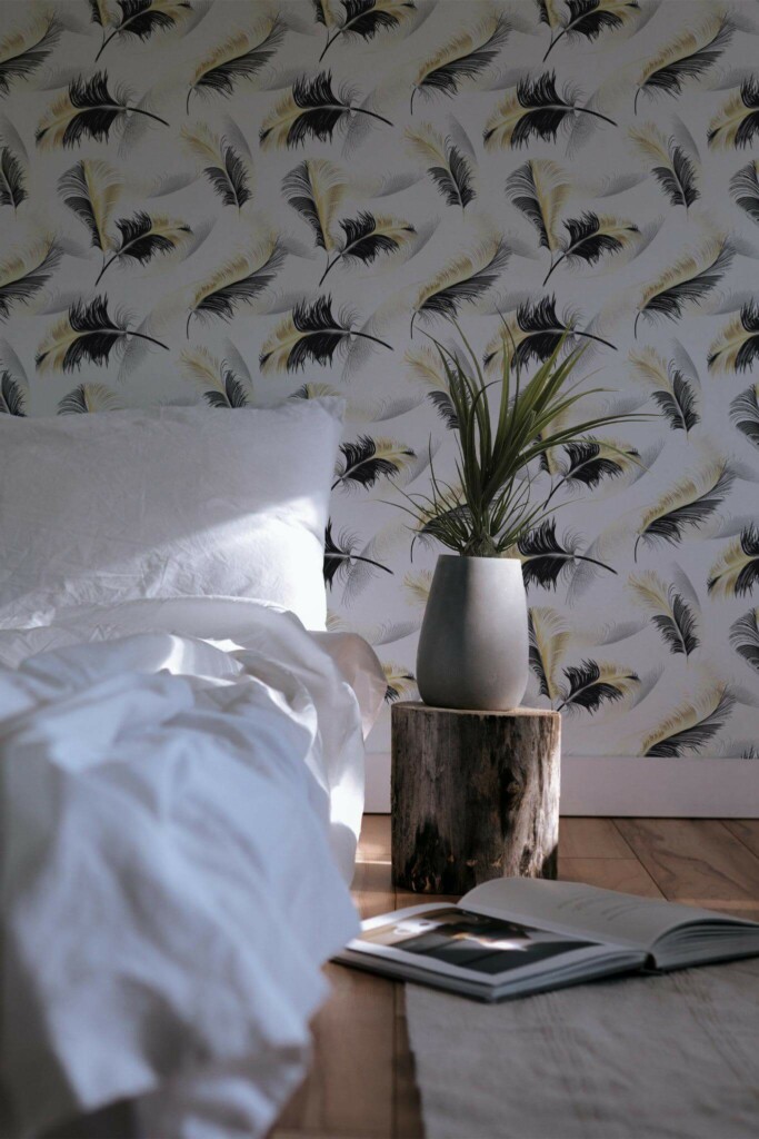 Minimal scandinavian style bedroom decorated with Bold feather peel and stick wallpaper
