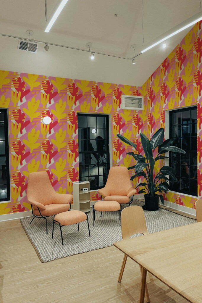 Minimal style living room decorated with Bold floral beauty room peel and stick wallpaper and mid-century style chairs