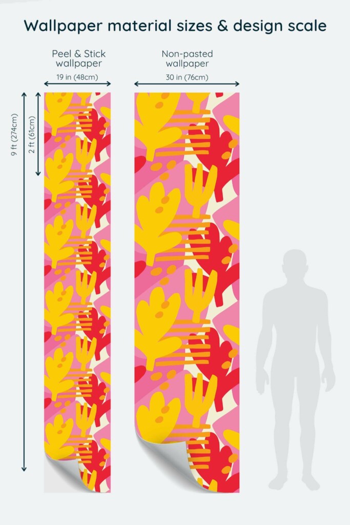 Size comparison of Bold Floral Beauty Room Peel & Stick and Non-pasted wallpapers with design scale relative to human figure