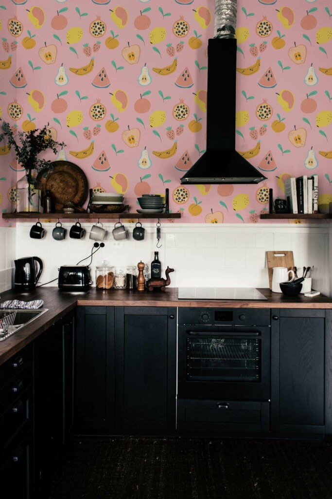 Dark industrial style kitchen decorated with Bold fruit peel and stick wallpaper