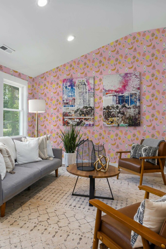 Mid-century modern style living room decorated with Bold fruit peel and stick wallpaper and colorful funky artwork