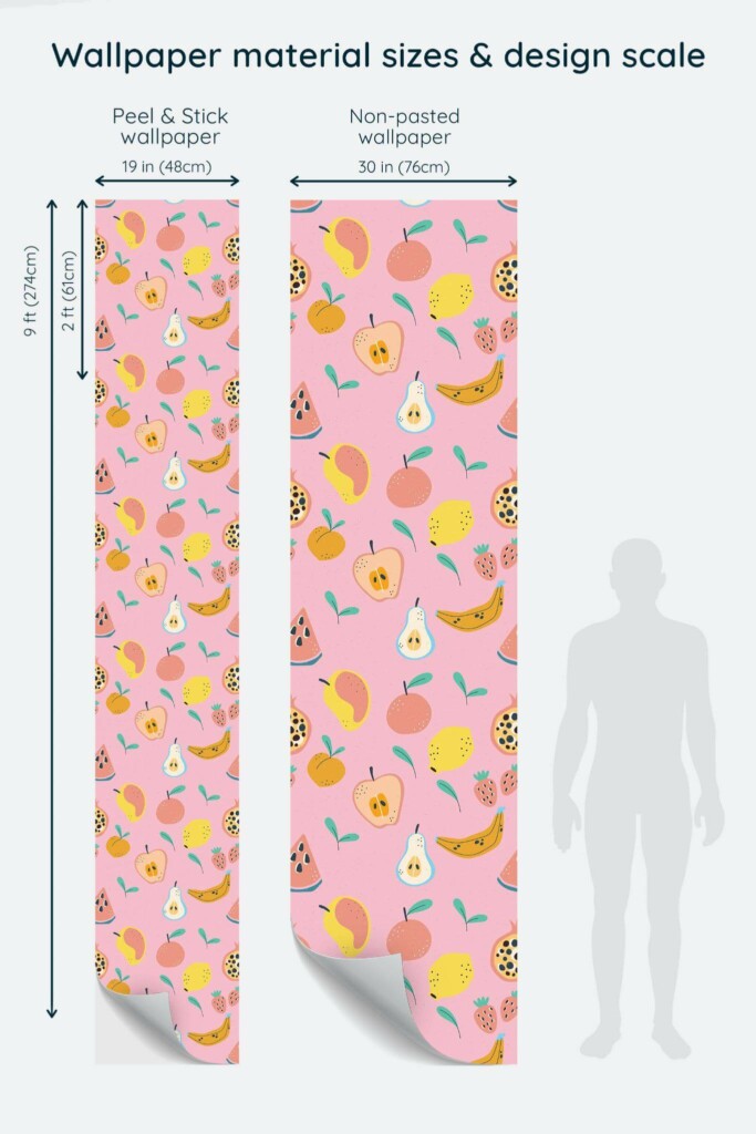 Size comparison of Bold fruit Peel & Stick and Non-pasted wallpapers with design scale relative to human figure