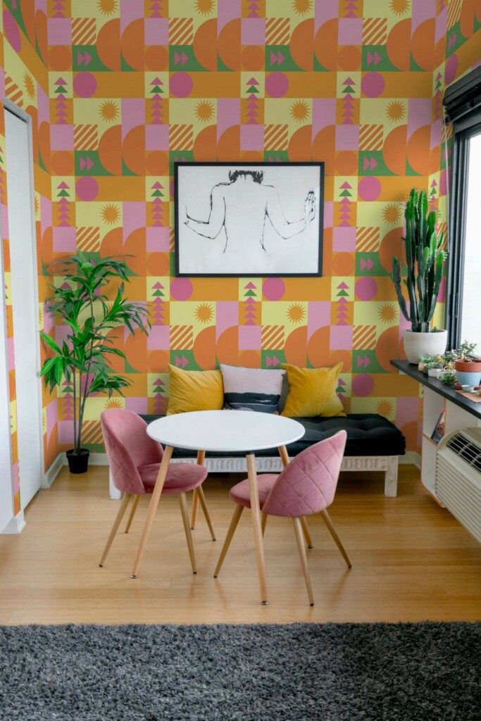 Eclectic style living room decorated with Bold geometric peel and stick wallpaper