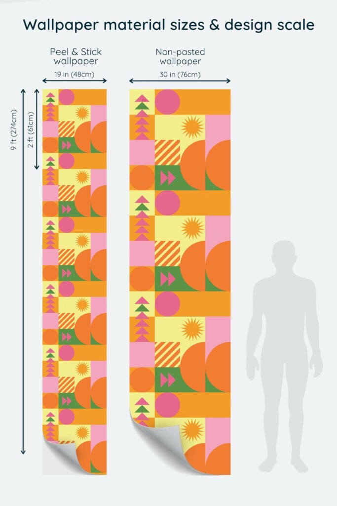 Size comparison of Bold geometric Peel & Stick and Non-pasted wallpapers with design scale relative to human figure