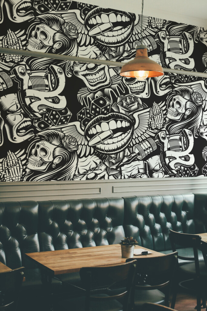 Peel and stick wall murals with edgy graffiti tattoo-inspired graphics featuring skulls, clowns, dice, bullets, and wings in black and white. The Fancy Walls peel and stick or non-pasted wallpaper.