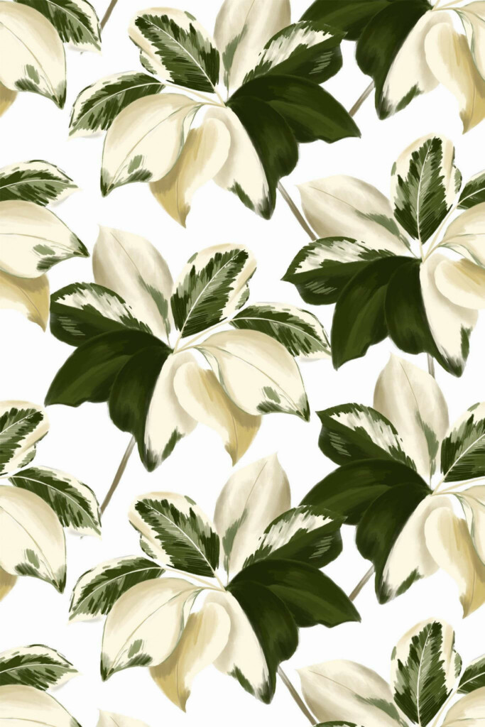 Pattern repeat of Bold green and cream color leaf removable wallpaper design