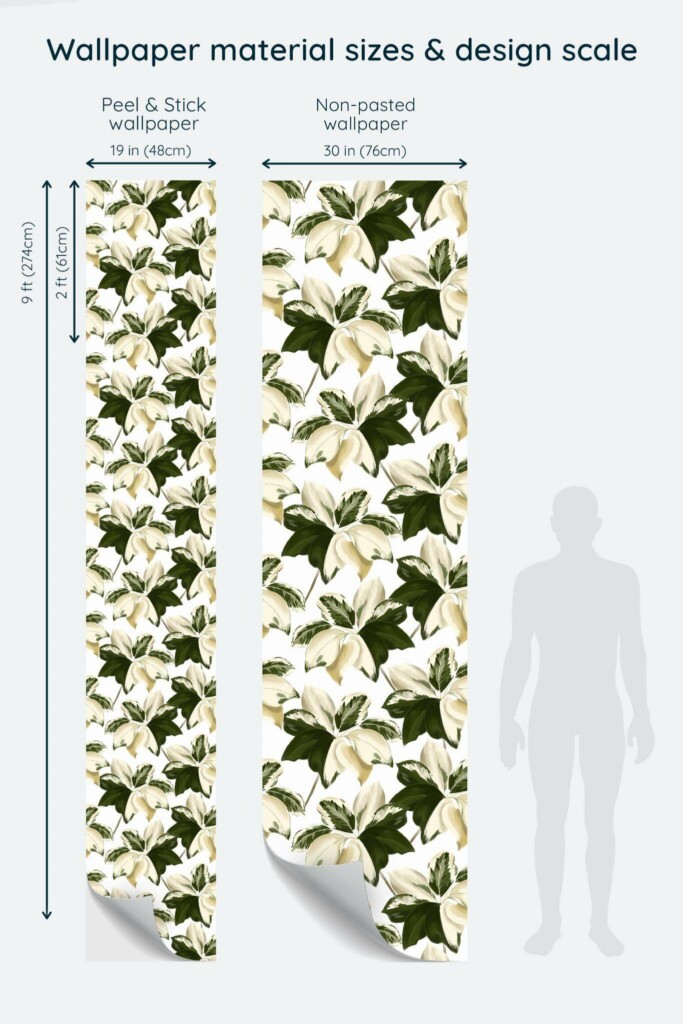 Size comparison of Bold green and cream color leaf Peel & Stick and Non-pasted wallpapers with design scale relative to human figure