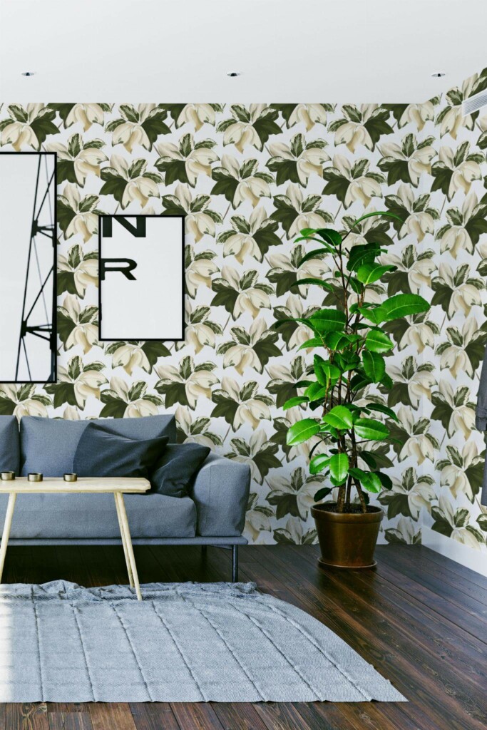 Modern scandinavian style living room decorated with Bold green leaf peel and stick wallpaper