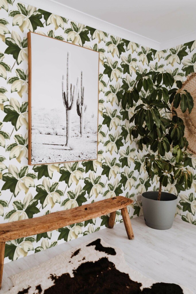 Scandinavian style entryway decorated with Bold green leaf peel and stick wallpaper