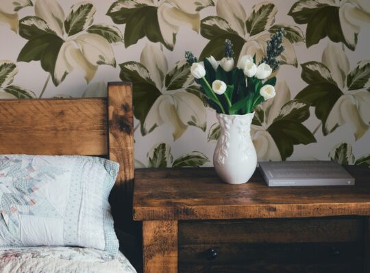 Bold green and cream color leaf peel and stick removable wallpaper