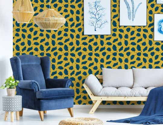 Blue and yellow aesthetic leaf self adhesive wallpaper