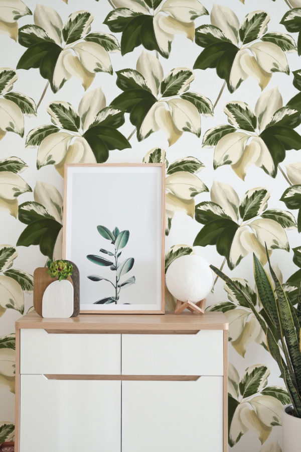 Bold green and cream color leaf peel and stick wallpaper