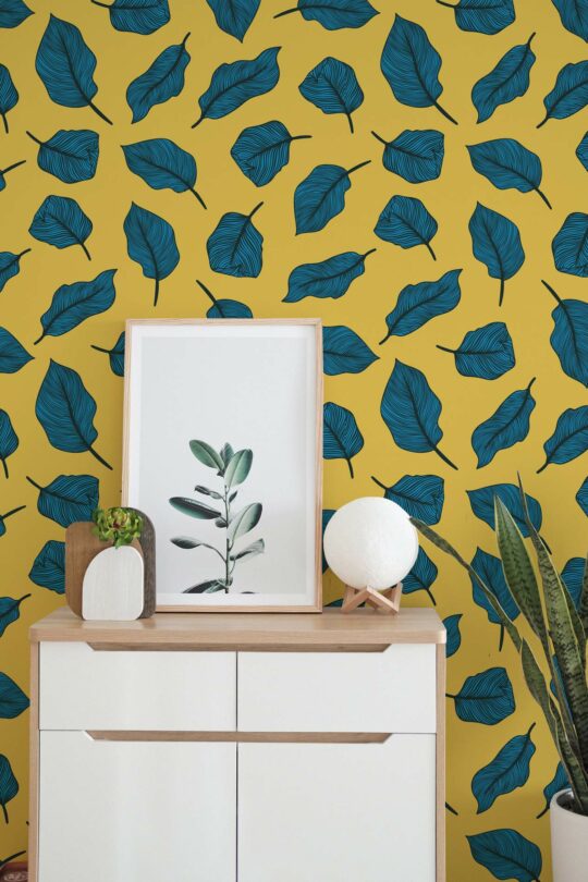 Blue and yellow aesthetic leaf peel and stick wallpaper