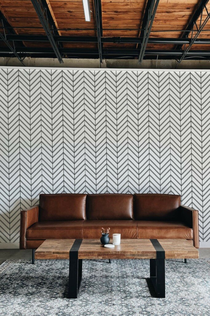 Industrial rustic style living room decorated with Bold line Chevron peel and stick wallpaper