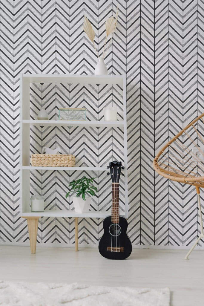 Minimal boho style living room decorated with Bold line Chevron peel and stick wallpaper