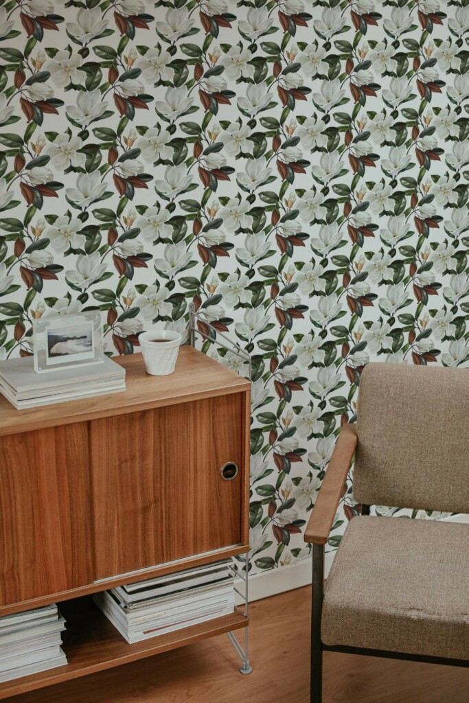 Mid-century style living room decorated with Bold magnolia peel and stick wallpaper