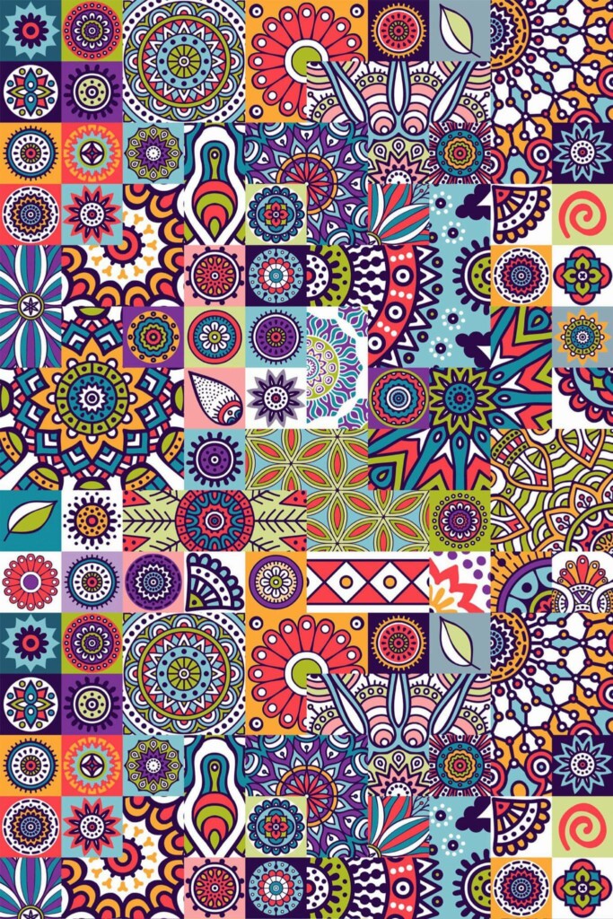 Pattern repeat of Bold mandala mosaic removable wallpaper design