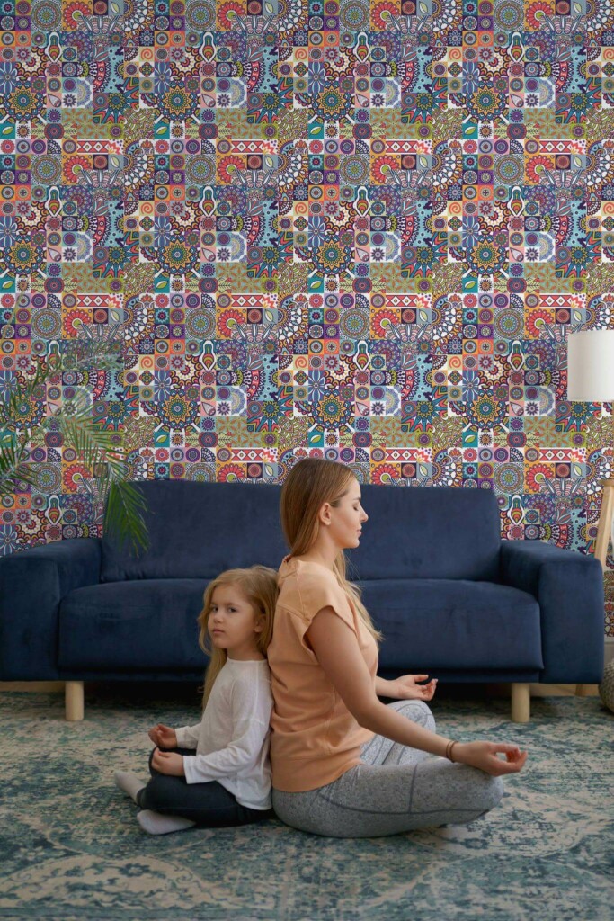 Eclectic style yoga room decorated with Bold mandala mosaic peel and stick wallpaper for mom and daughter