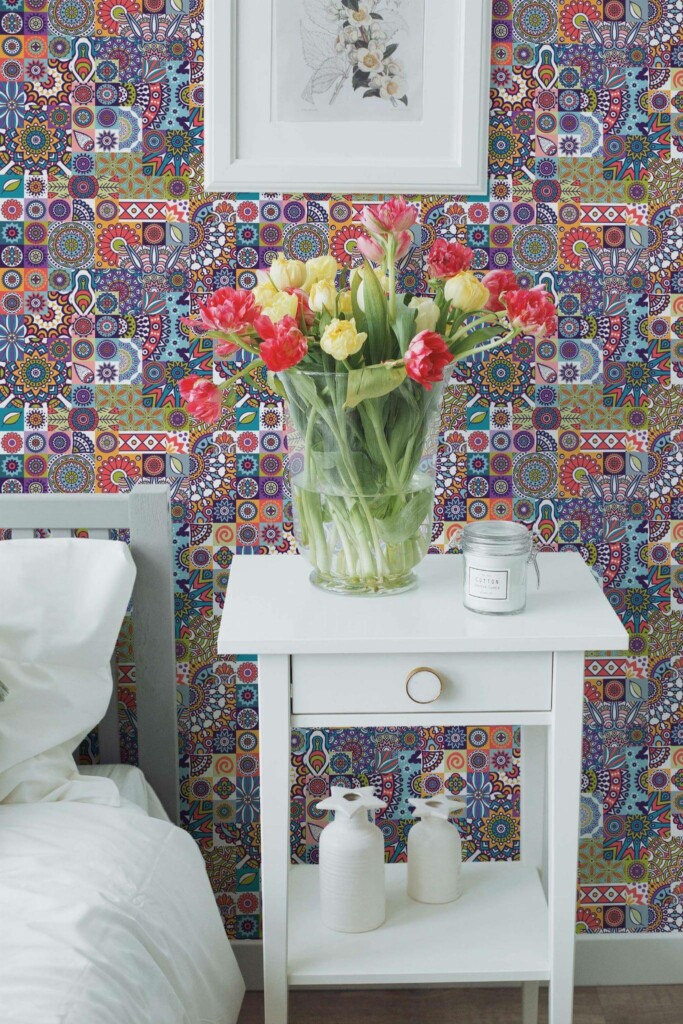 Farmhouse style bedroom decorated with Bold mandala mosaic peel and stick wallpaper
