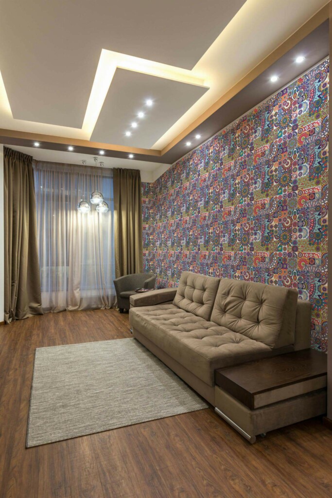 Modern Eastern European style living room decorated with Bold mandala mosaic peel and stick wallpaper
