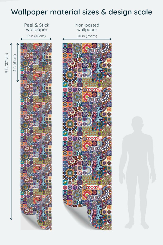 Size comparison of Bold mandala mosaic Peel & Stick and Non-pasted wallpapers with design scale relative to human figure
