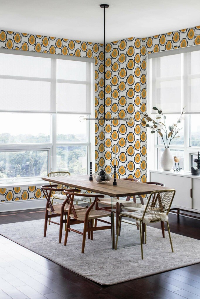 Modern minimalist style dining room decorated with Bold papaya peel and stick wallpaper