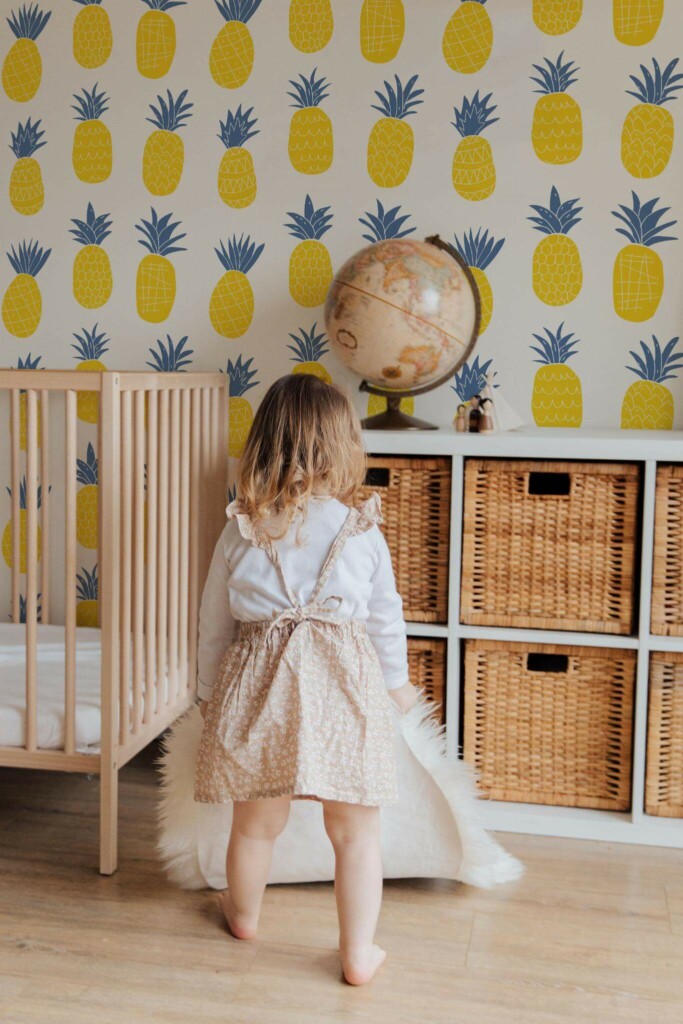 Gender neutral style kids room decorated with Bold pineapple peel and stick wallpaper