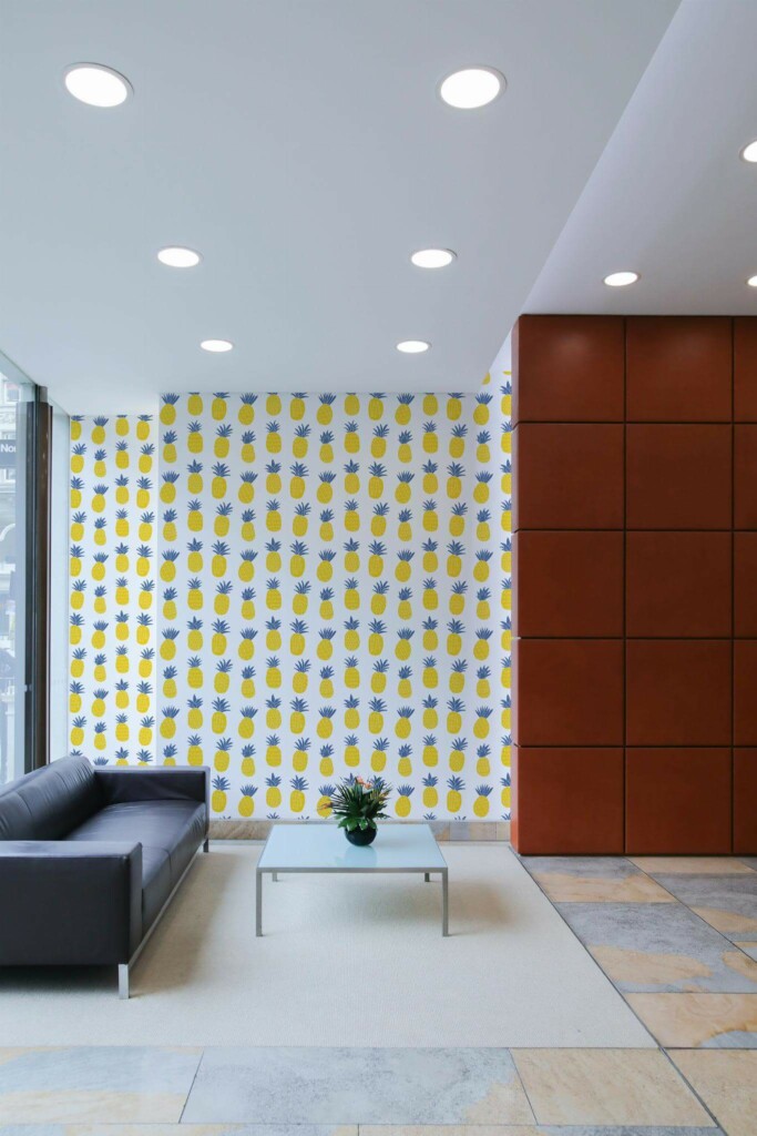 Minimal mid-century style living room decorated with Bold pineapple peel and stick wallpaper