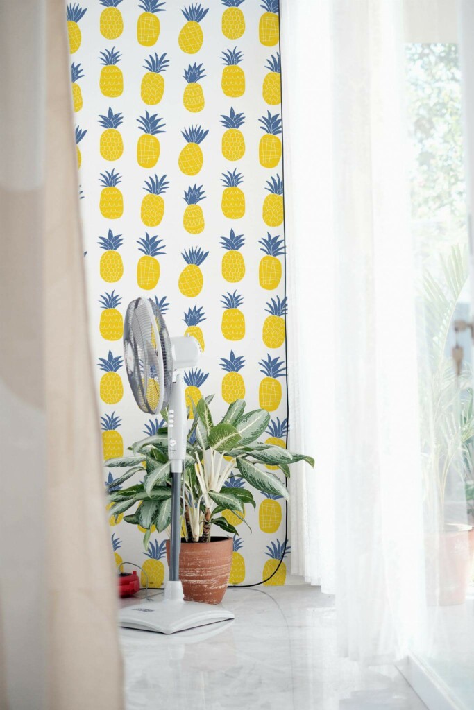 Minimal style living room decorated with Bold pineapple peel and stick wallpaper