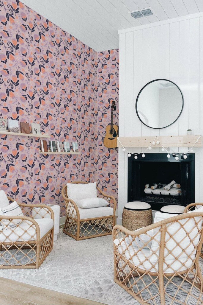Minimal bohemian style living room decorated with Bold pink and orange peel and stick wallpaper