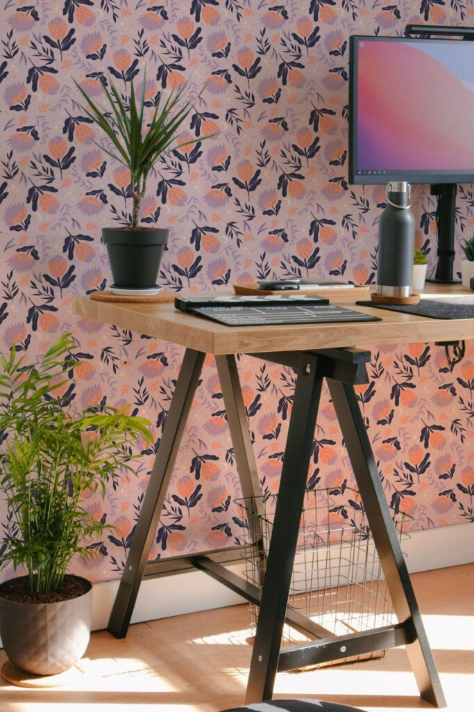 Scandinavian style home office decorated with Bold pink and orange peel and stick wallpaper