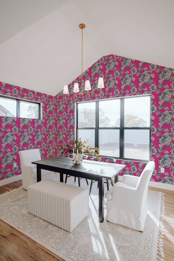 Elegant minimal style dining room decorated with Bold pink floral peel and stick wallpaper