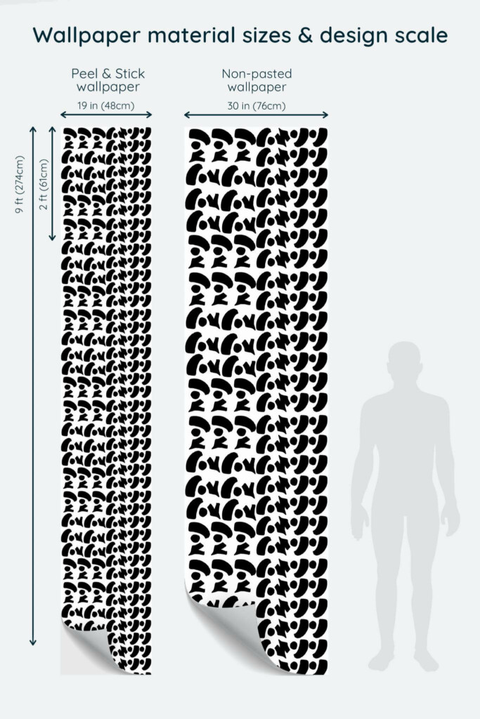 Size comparison of Bold print Peel & Stick and Non-pasted wallpapers with design scale relative to human figure