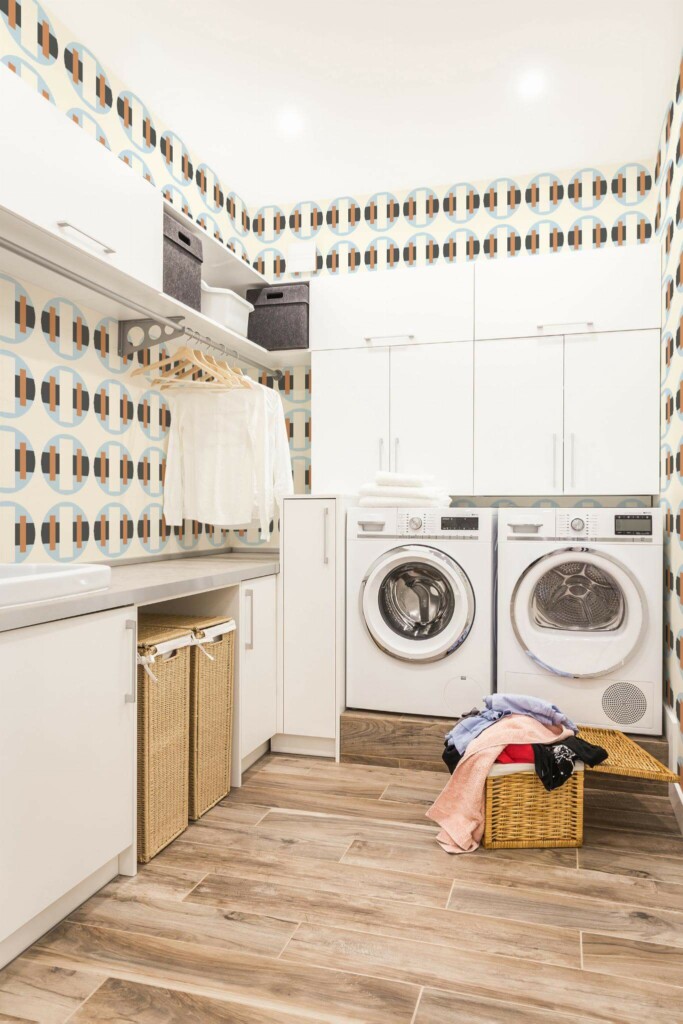 Scandinavian style laundry room decorated with Bold retro circle peel and stick wallpaper