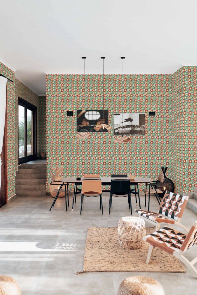 Modern boho style living dining room decorated with Bold retro floral peel and stick wallpaper