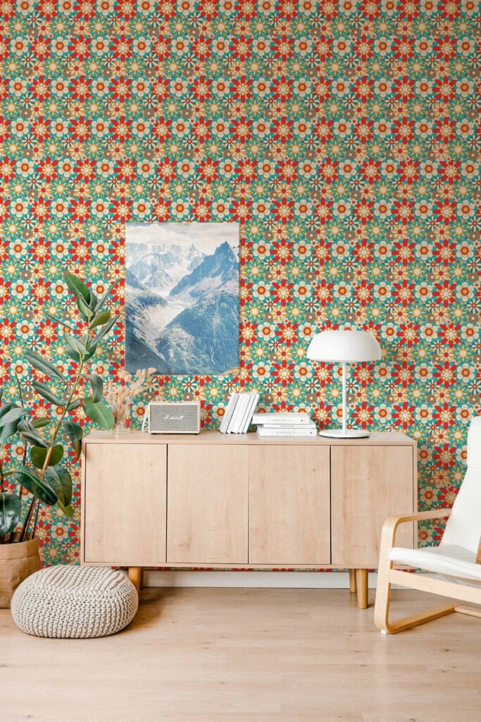 Scandinavian style living room decorated with Bold retro floral peel and stick wallpaper