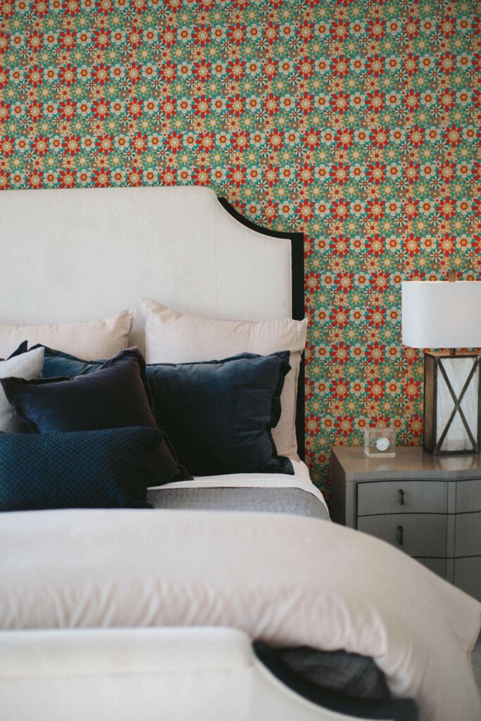 Shabby chic style bedroom decorated with Bold retro floral peel and stick wallpaper