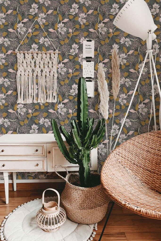 Bohemian style living room decorated with Bold scandinavian Floral peel and stick wallpaper