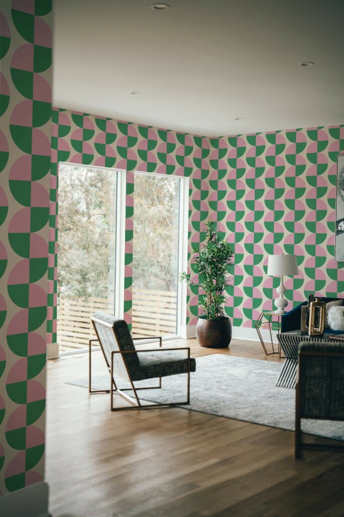Modern style living room decorated with Bold semi-circles peel and stick wallpaper