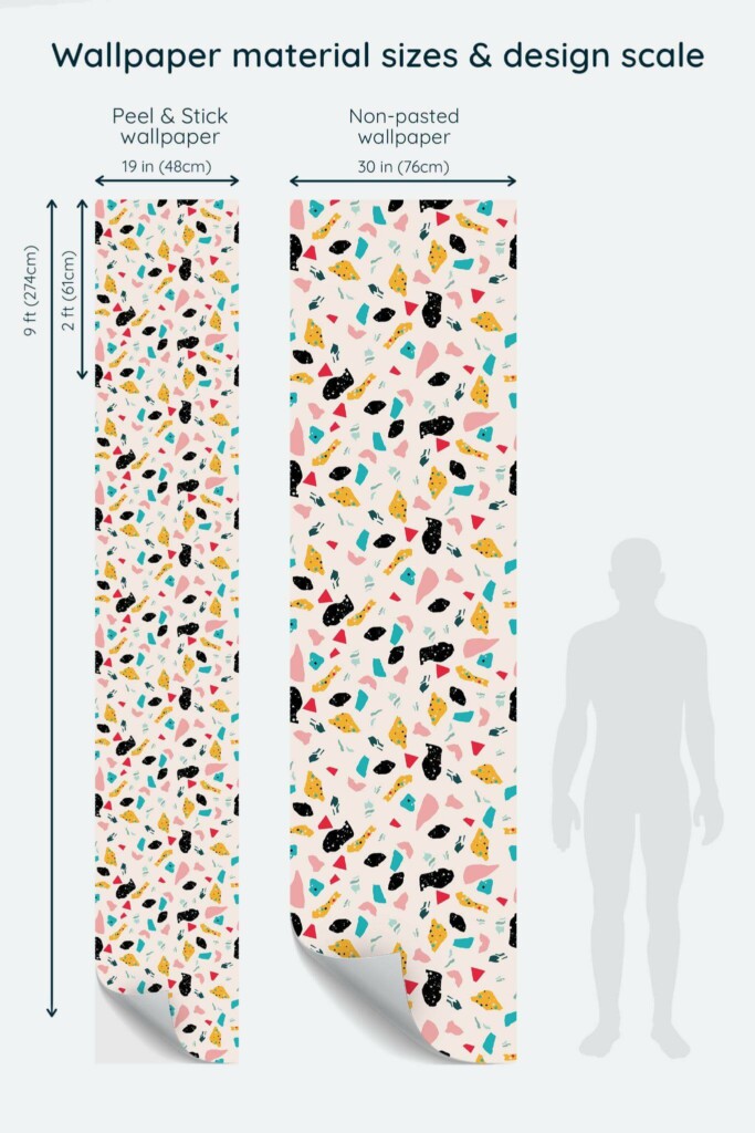 Size comparison of Bold terrazzo Peel & Stick and Non-pasted wallpapers with design scale relative to human figure