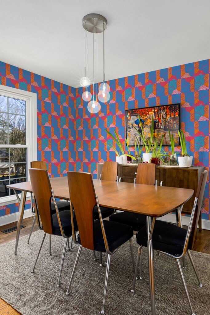 MId-century modern style dining room decorated with Bold transparent flowers peel and stick wallpaper